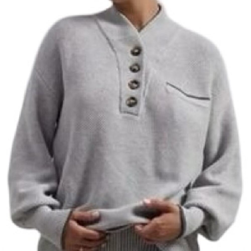 Lunya Gray Knit Cottonsilk Pocket Henley Button Oversize Sweater size XS / S